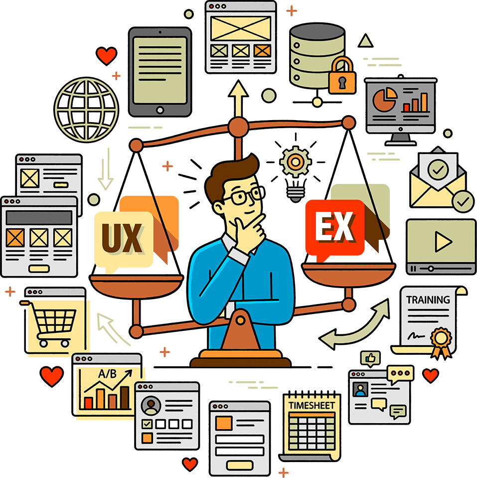 UX and EX balance illustration surrounded by internal communication touchpoints