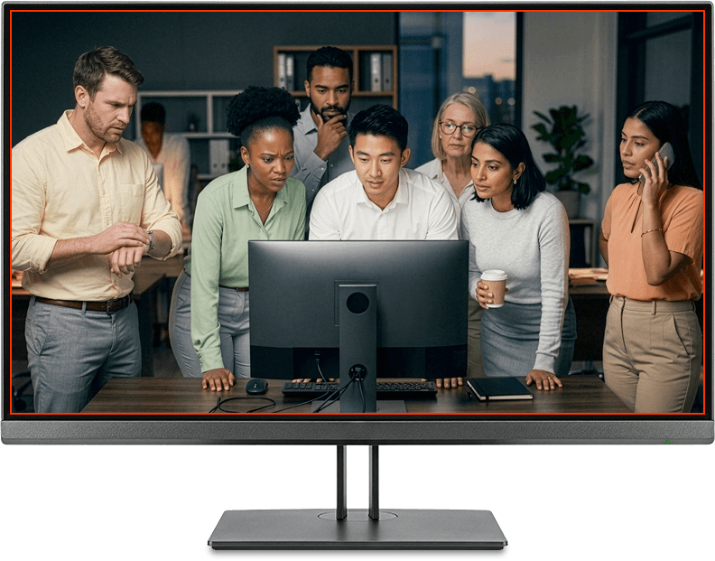 A team collaborating around a computer monitor