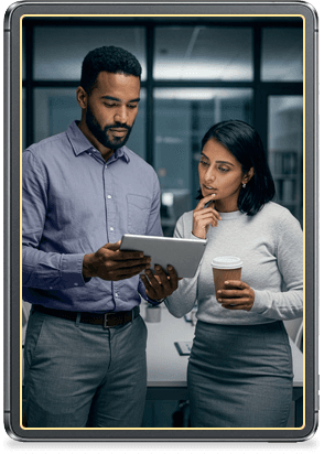 Two coworkers reviewing information on a tablet